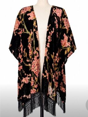 Black Floral Velvet Kimono Fringe Tassle Boho Open Front Festival Cardigan M/L
